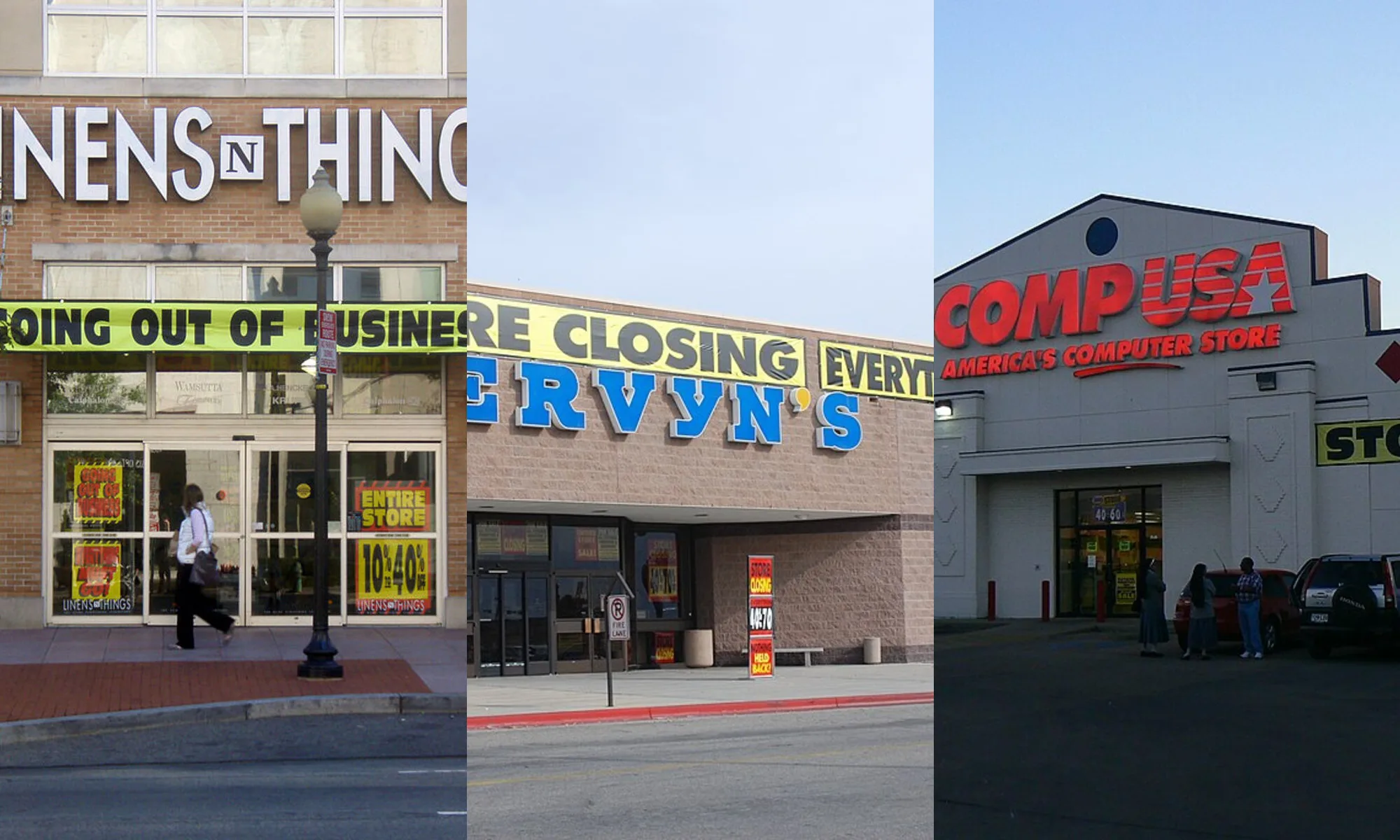 Collage of going-out-of-business scenes from Linens ’n Things, Mervyn’s, and CompUSA